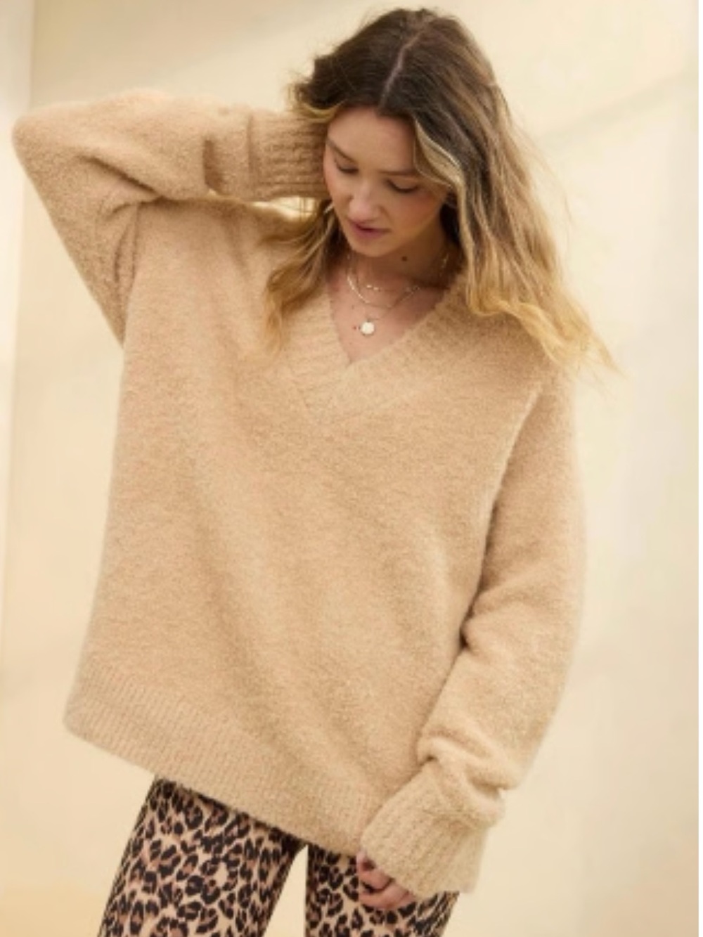 aerie Cozy V-Neck Sweater in Camel - Picture 2 of 13